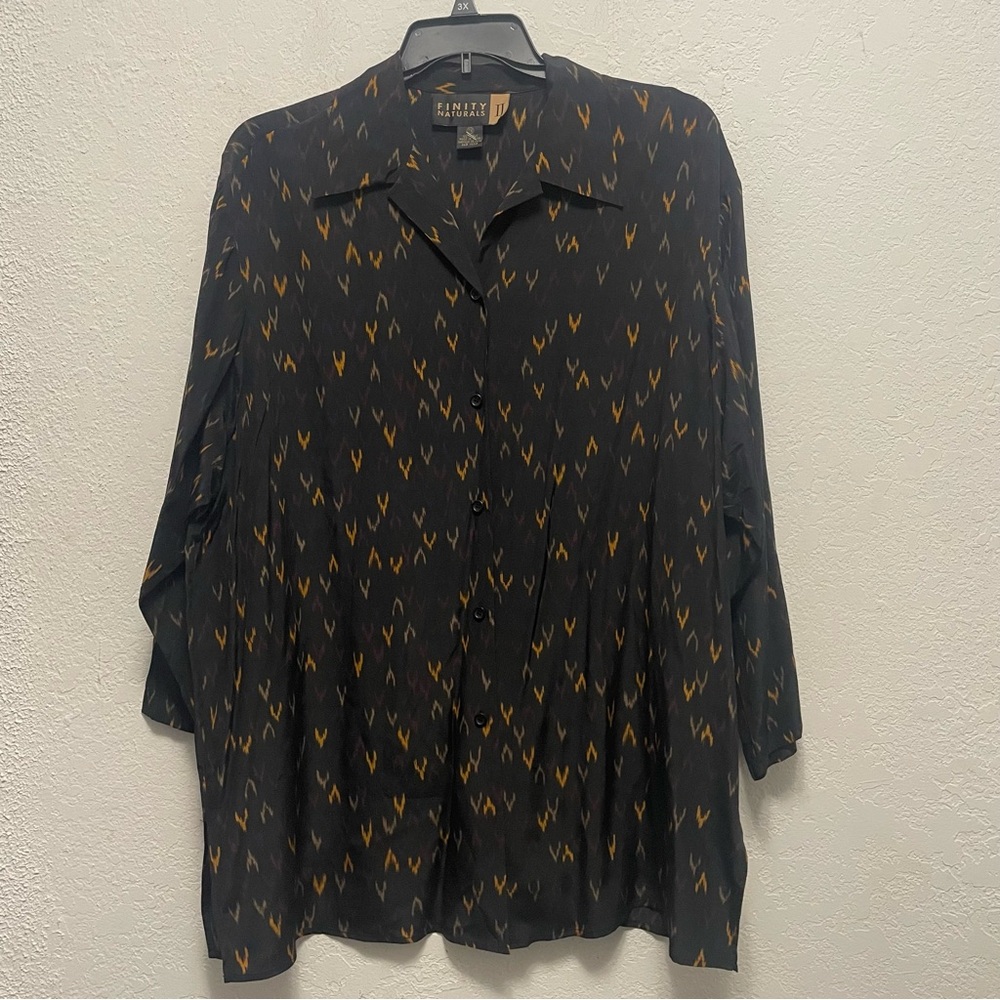 Finity Naturals Size 2X 100% Silk Button Up Shirt Tunic Black ikat pattern